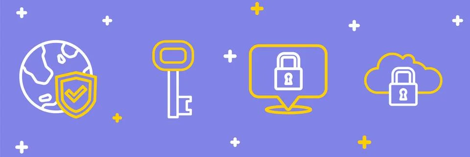 Set line Cloud computing lock, Lock, Old key and Shield with world globe ic.. Stock Illustration