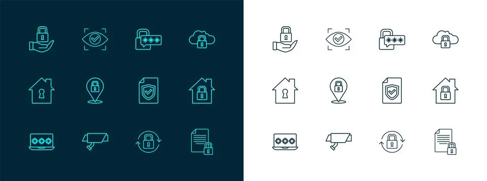 Set line Cloud computing lock, Security camera, Contract with shield, Lock,.. 스톡 일러스트