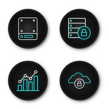 Set line Cloud computing lock, Pie chart infographic, Server security with .. Stock Illustration