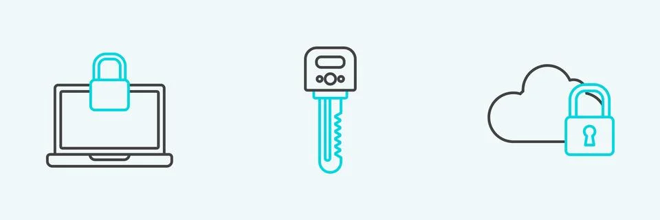 Set line Cloud computing lock, Laptop and and Key icon. Vector Illustrazione stock