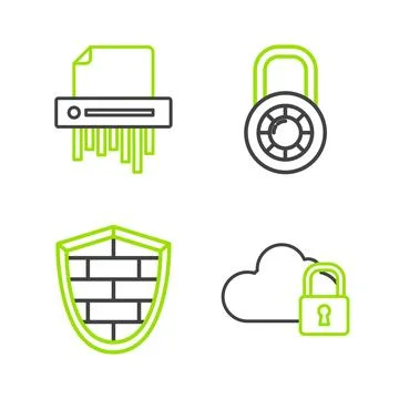 Set line Cloud computing lock, Shield with cyber security brick wall, Safe .. 스톡 일러스트
