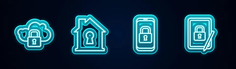 Set line Cloud computing lock, House under protection, Mobile with closed p.. Stock Illustration