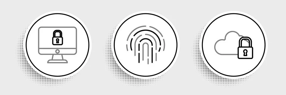 Set line Cloud computing lock, Lock on computer monitor screen and Fingerpr.. Stock Illustration