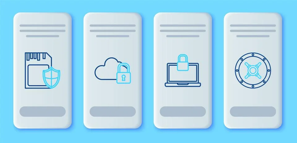 Set line Cloud computing lock, Laptop and, SD card shield and Safe icon. Vect イラスト素材