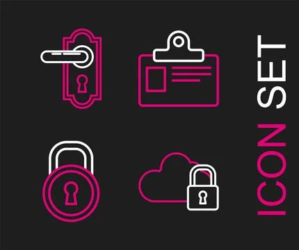 Set line Cloud computing lock, Lock, Identification badge and Door handle i.. Stock Illustration
