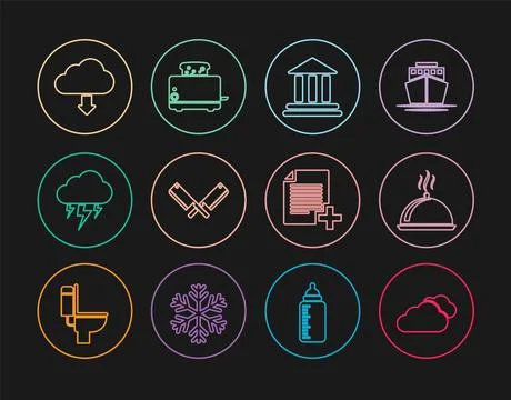 Set line Cloud, Covered with tray of food, Bank building, Crossed meat chop.. Stock-Illustration