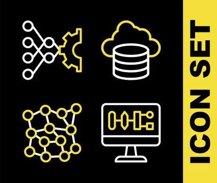 Set line Cloud database, Algorithm, Neural network and icon. Vector Stock-Illustration