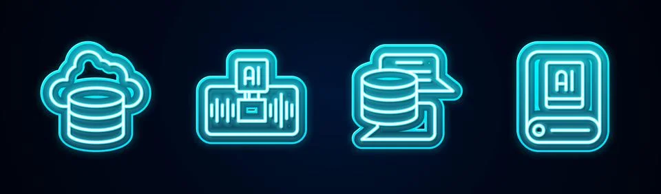 Set line Cloud database, Artificial intelligence AI, Server, Data and . Glowing Stock Illustration