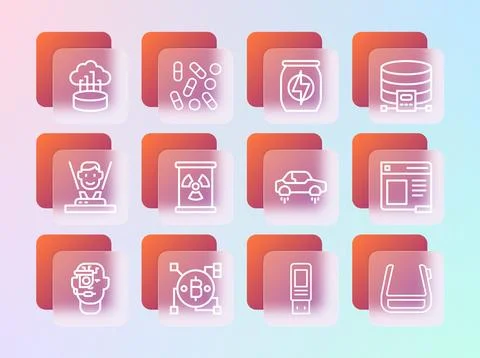 Set line Cloud database Blockchain technology Bitcoin Fantastic flying car US Illustrazione stock