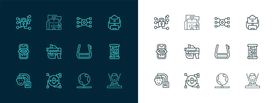 Set line Cloud database, Blockchain technology Bitcoin, Smart glasses on sp.. Stock Illustration