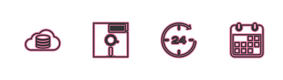 Set line Cloud database, Clock 24 hours, Floppy disk in the 5.25-inch and Illustrazione stock