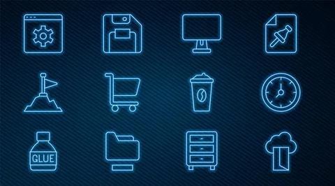 Set line Cloud database, Clock, Computer monitor, Shopping cart, Mountains .. Stock Illustration