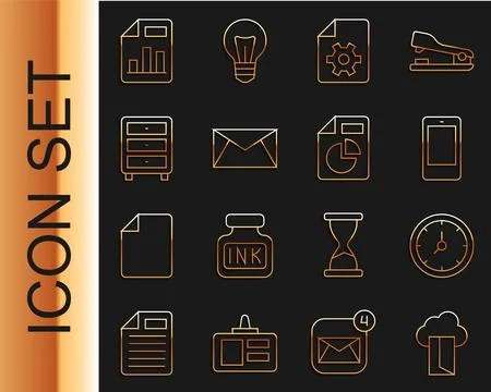 Set line Cloud database, Clock, Mobile phone, Document settings, Mail and e.. Illustrazione stock