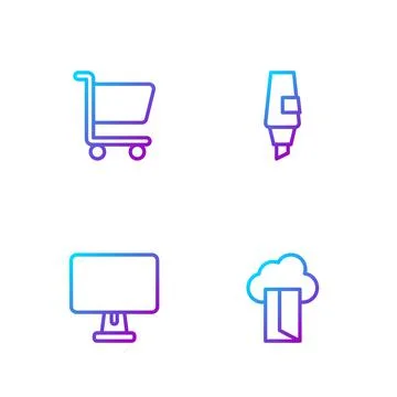 Set line Cloud database, Computer monitor, Shopping cart and Marker pen Stock Illustration