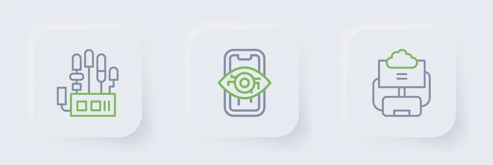 Set line Cloud database, Computer vision and Mechanical robot hand icon. Vect Illustrazione stock