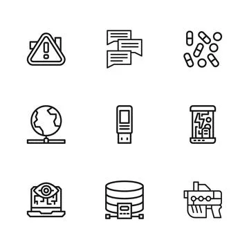 Set line Cloud database, Cryogenic capsules, Futuristic weapon, USB flash d.. Illustrazione stock