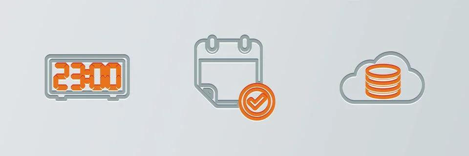 Set line Cloud database, Digital alarm clock and Calendar with check mark icon Illustrazione stock