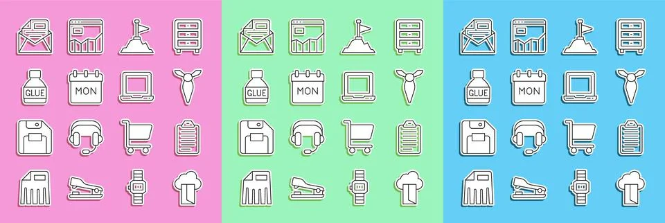 Set line Cloud database, To do list or planning, Tie, Mountains with flag on top Illustrazione stock