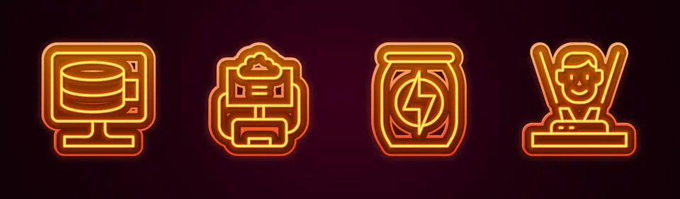 Set line Cloud database, Energy drink and Hologram. Glowing neon icon. Vector Illustrazione stock