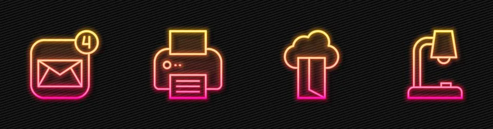 Set line Cloud database, Envelope, Printer and Table lamp. Glowing neon icon Stock Illustration