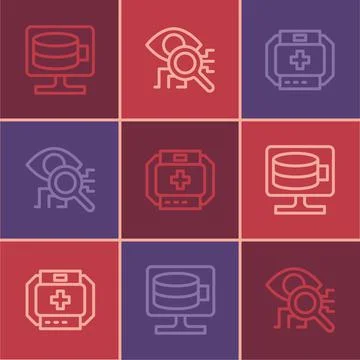 Set line Cloud database, First aid kit and Eye scan icon. Vector Stock Illustration