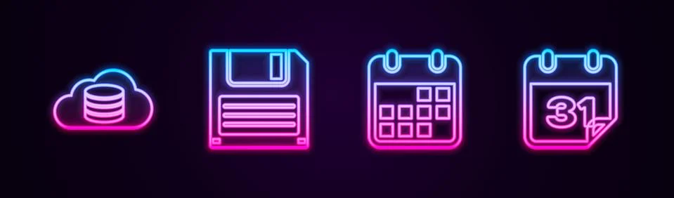 Set line Cloud database, Floppy disk, Calendar and . Glowing neon icon. Vector Illustrazione stock
