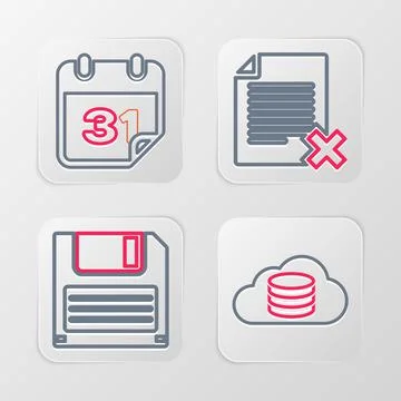 Set line Cloud database, Floppy disk, Delete file document and Calendar icon. Stock Illustration