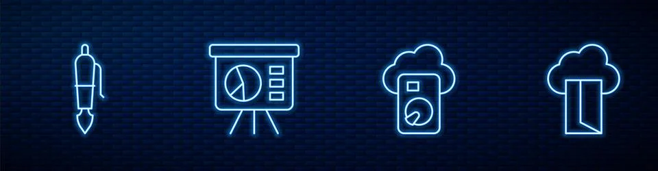 Set line Cloud database, Fountain pen nib, Board with graph and . Glowing neon Stock Illustration