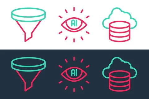 Set line Cloud database, Funnel or filter and Artificial intelligence AI icon 스톡 일러스트