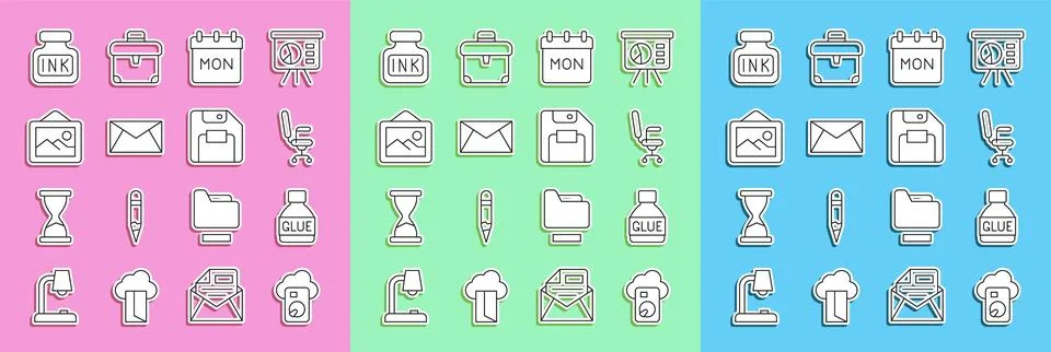 Set line Cloud database, Glue, Office chair, Calendar, Mail and e-mail, Picture Stock Illustration