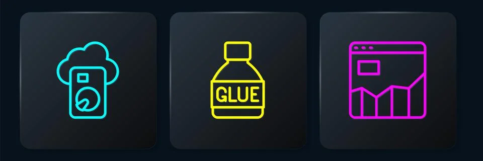 Set line Cloud database, Graph chart infographic and Glue. Black square button 스톡 일러스트