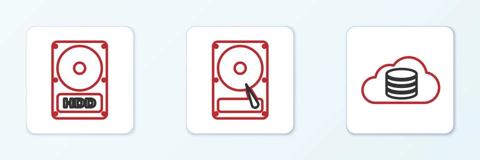 Set line Cloud database, Hard disk drive HDD and  icon. Vector Illustrazione stock