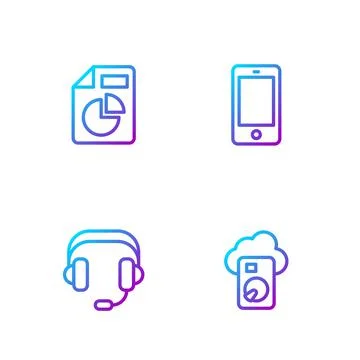 Set line Cloud database, Headphones, Document with graph chart and Mobile 스톡 일러스트