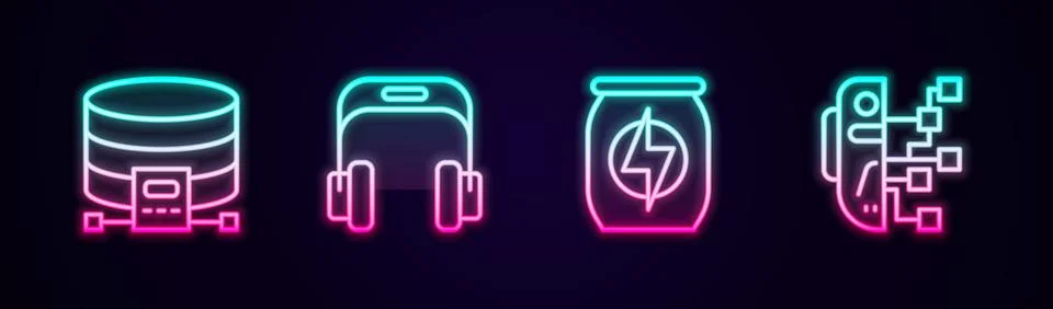 Set line Cloud database, Headphones, Energy drink and Humanoid robot. Glowing Illustrazione stock
