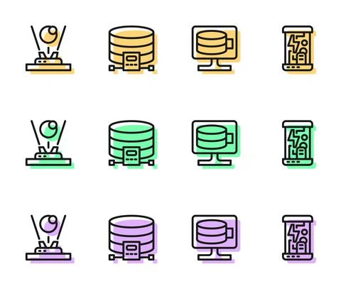 Set line Cloud database, Hologram, and Cryogenic capsules icon. Vector Stock Illustration