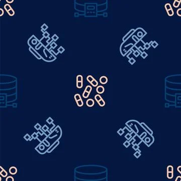 Set line Cloud database, Humanoid robot and Medical pill biohacking on seamless Illustrazione stock
