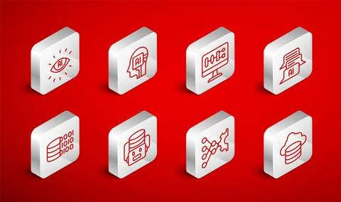 Set line Cloud database, Humanoid robot, Algorithm, Chat, Neural network Illustrazione stock