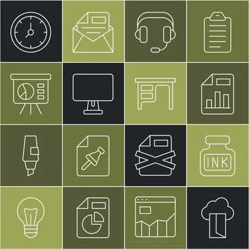 Set line Cloud database, Inkwell, Document with graph chart, Headphones, Co.. Illustrazione stock