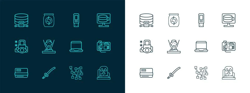 Set line Cloud database, Katana, Laptop, Neural network, Hologram, USB flas.. Stock Illustration
