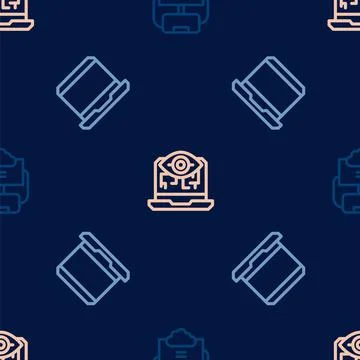 Set line Cloud database, Laptop and Computer vision on seamless pattern. Vector Stock Illustration