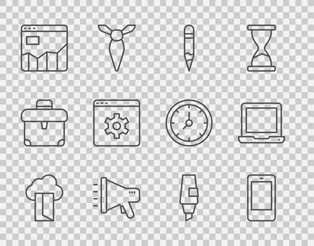 Set line Cloud database, Mobile phone, Pencil, Megaphone, Graph chart Stock Illustration