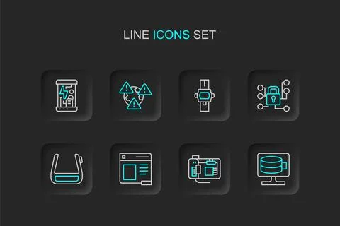 Set line Cloud database, Motherboard, Browser window, Smart glasses on spec.. Stock Illustration
