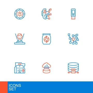 Set line Cloud database, Network cloud connection, Futuristic sliding doors.. Stock Illustration