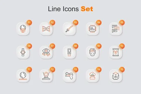 Set line Cloud database, Network cloud connection, Futuristic weapon, Holog.. Illustrazione stock