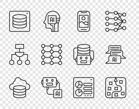 Set line Cloud database, Neural network, Mobile phone, Artificial intelligence Stockillustratie