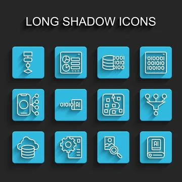 Set line Cloud database, Neural network, Algorithm, Photo retouching, Artificial Illustrazione stock