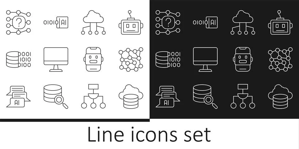 Set line Cloud database, Neural network, Network cloud connection, Computer Illustrazione stock