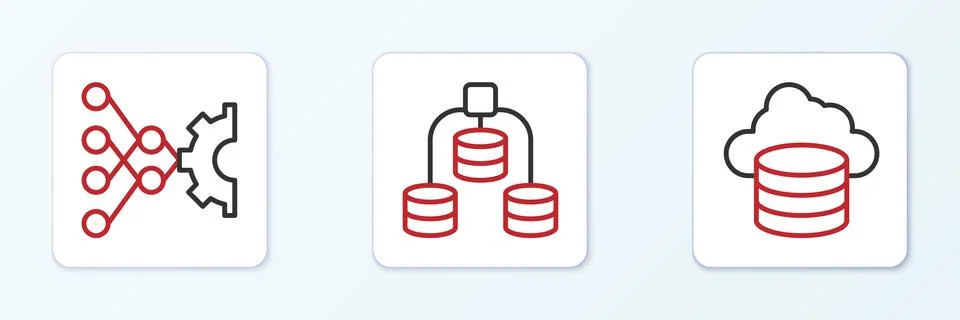 Set line Cloud database, Neural network and Server, Data icon. Vector Stock Illustration
