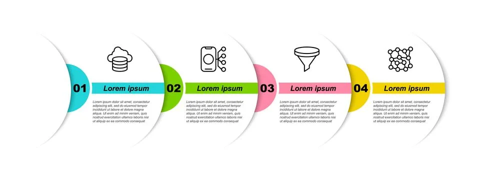 Set line Cloud database, Neural network, Funnel filter and . Business infog.. Stock Illustration