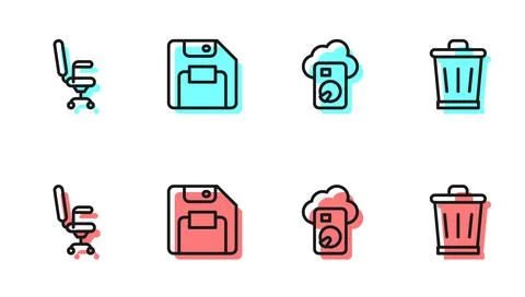 Set line Cloud database, Office chair, Floppy disk and Trash can icon. Vector イラスト素材